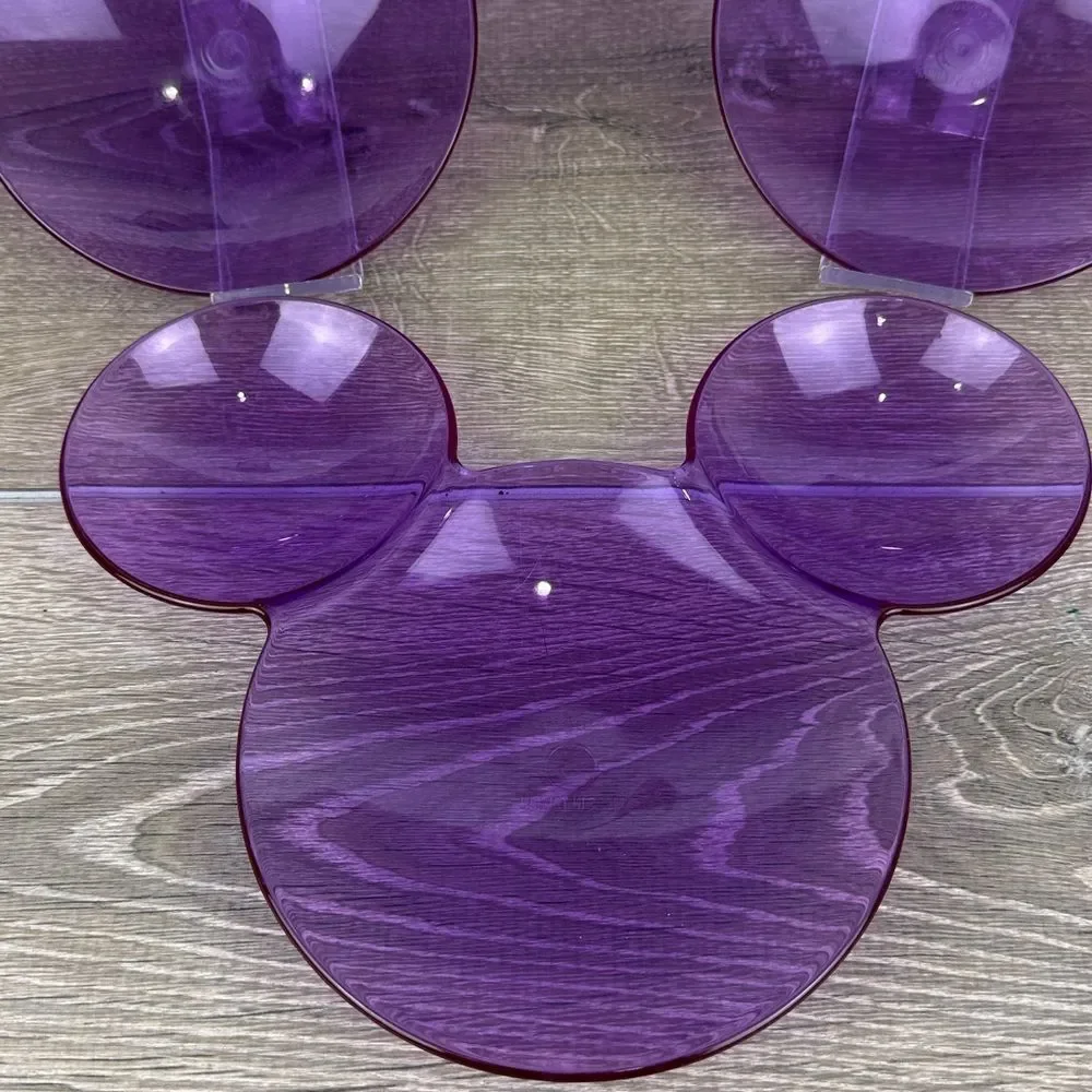 Disney Mickey Mouse Head Shaped Purple Clear Acrylic Plastic Divided Vtg Plates